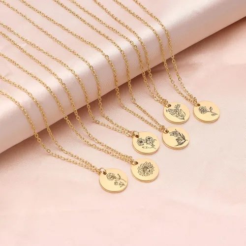 Miniatura 3 de Collar con colgante de flor del mes de nacimiento, chapado en oro de 18 quilates, delicado y sencillo mes de nacimiento, colgante de disco floral