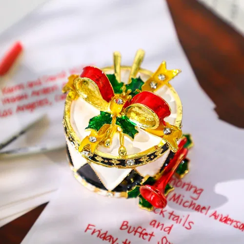 Miniatura 4 de YU FENG Cajas de adornos de Navidad con bisagras con diamantes de imitación con lazo y trompeta esmaltada decorativa