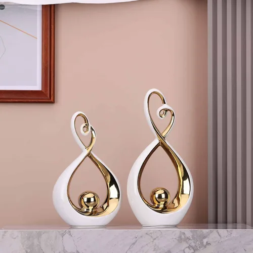Miniatura 3 de DOVDOV Arte moderno para decoración del hogar, juego de 2 piezas de escultura abstracta de cerámica, decoración de habitación blanca y dorada