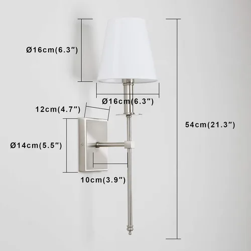 Miniatura 3 de PERMO Aplique de pared industrial rústico clásico con cable con pantalla textil blanca acampanada y soporte de columna cónico de níquel cepillado