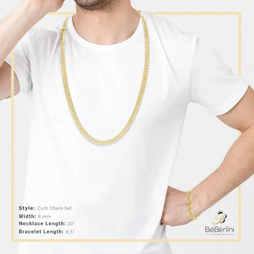 Miniatura 4 de BEBERLINI Cuban Link Chain 14K Gold Plated Curb Customizable Necklace 30 Bracelet 85 9 Stainless Steel Fashion Jewelry Set For Men 6 mm - 14 mm