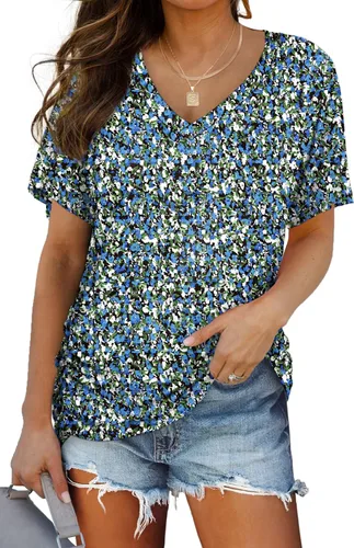 Miniatura 15 de WIHOLL - Camisetas de manga corta con cuello en V para mujer, holgadas, con fruncido lateral