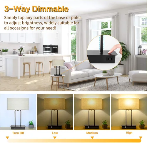 Miniatura 2 de Lámpara de mesa con control táctil regulable en 3 vías con 2 puertos USB y toma de corriente AC, lámpara moderna de mesita de noche con pantalla