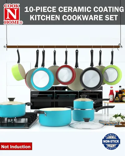 Miniatura 7 de Cook N Home Basics - Juego de ollas y sartenes antiadherentes de cerámica, hornos holandeses y cacerolas con tapa de vidrio, sartenes sin tapa, sin