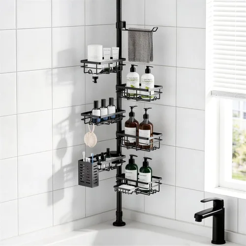 Organizador de Caddy para Ducha con Poste de Tensión, Estante Esquinero de 6 Piezas Resistente al Óxido con Estante de Ducha Ajustable de 30-120