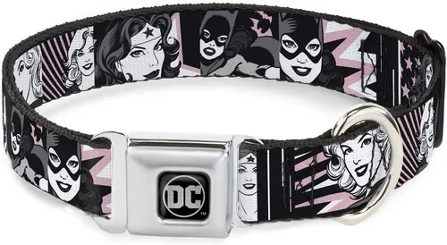 Buckle-Down Collar de perro con hebilla de cinturón de seguridad Batgirl Wonder Woman Supergirl Retro Paneles Negro Rosa Blanco 9 a 15 pulgadas 1.0