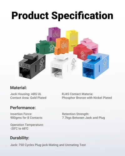 Miniatura 5 de VCE Paquete de 25 acopladores Keystone RJ45 CAT6 con certificación UL, acoplador hembra a hembra, acoplador en línea UTP CAT6 Keystone blanco