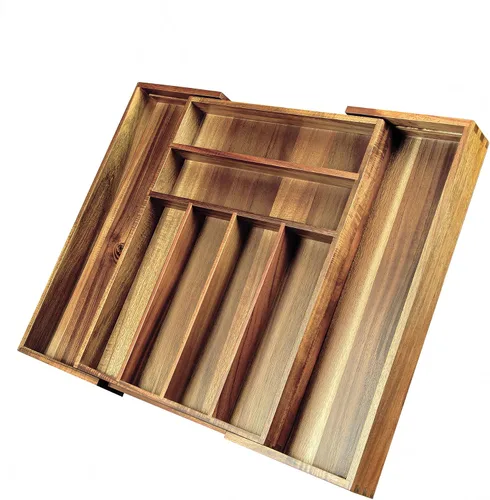 Miniatura 8 de KITEISCAT Organizador de cubiertos de madera de acacia, organizador de cajones de utensilios de cocina para tenedores, cuchillos y cucharas, bandeja