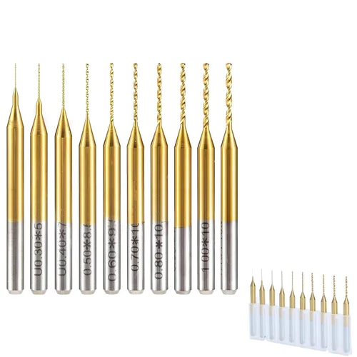 HUHAO Juego de 10 brocas micro, 0.008 in-0.043 in, vástago de 1/8 pulgadas, flauta en espiral CNC, brocas para placa de circuito, joyería de piedra,