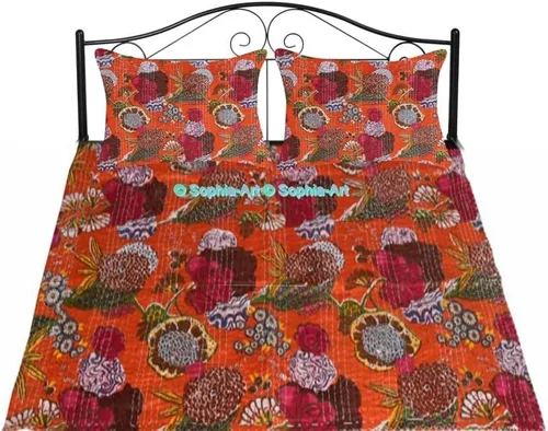 Miniatura 11 de Sophia-Art Colcha reversible de frutas indias para cama individual/king con patrón Gudri de algodón puro estilo Kantha, colcha decorativa con Rosa