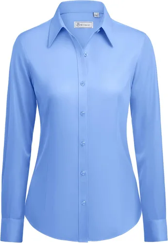 Miniatura 14 de siliteelon Camisas con botones para mujer: camisa de vestir de manga larga sin arrugas, ajuste clásico, con cuello, color sólido, formal
