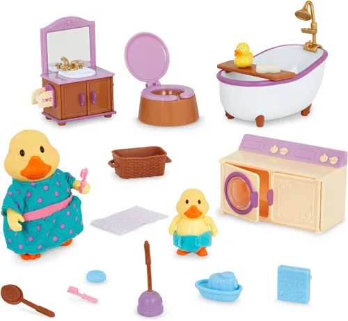 Li'l Woodzeez – Juego de muebles para casa de muñecas – 2 figuras articulables – Juguete de casa de juegos de baño y lavandería – Juego de rol