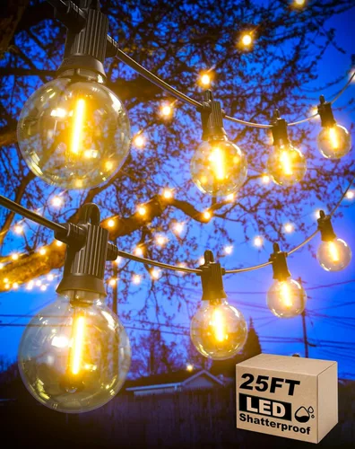 Zuske – Cadena de luces para exteriores, de 25 pies con 13 bombillas G40 irrompibles (1 de repuesto), luces LED colgantes impermeables, regulables y