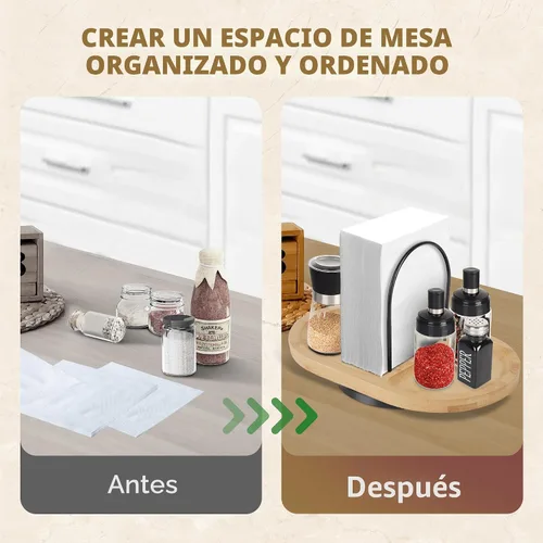 Miniatura 7 de Servilletero para mesa, dispensador giratorio con salero y pimentero, soporte de bambú, almacenamiento rústico de servilletas de metal para mesa