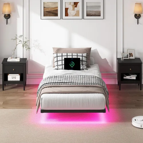 Miniatura 8 de YORMDMO Base de cama flotante tamaño individual, marco de cama resistente con luces LED inteligentes y estación de carga, cama moderna de plataforma