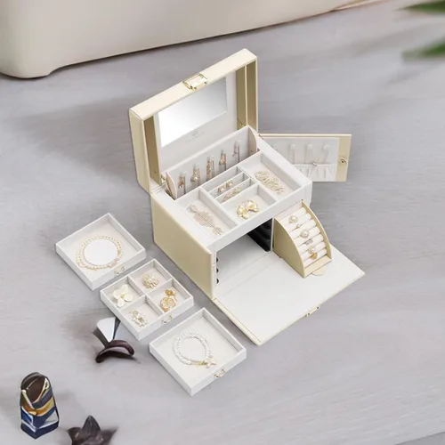 Miniatura 5 de Vlando Organizador de joyero con espejo, caja de almacenamiento de joyería de cuero, collares, aretes, anillos, soportes, relojes, caja