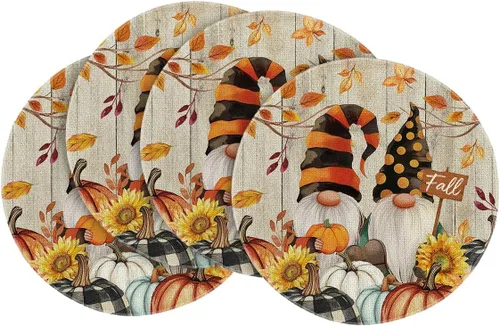 Miniatura 10 de Artoid Mode Juego de 4 manteles individuales de otoño con diseño de calabazas de gnomos, 12 x 18 pulgadas, manteles individuales de temporada