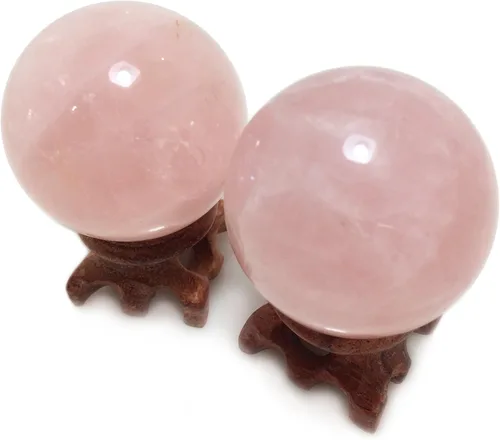 Miniatura 5 de Polar Jade Juego de 2 esferas de cristal de cuarzo rosa natural con soportes de madera, bolas de exhibición pulidas a mano de 45 mm (1.8")