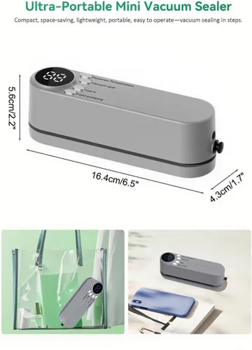 Miniatura 7 de Mini sellador al vacío, 3 en 1, sellador al vacío de mano inalámbrico para almacenamiento de alimentos secos/húmedos con 4 bolsas de aperitivos, Gris