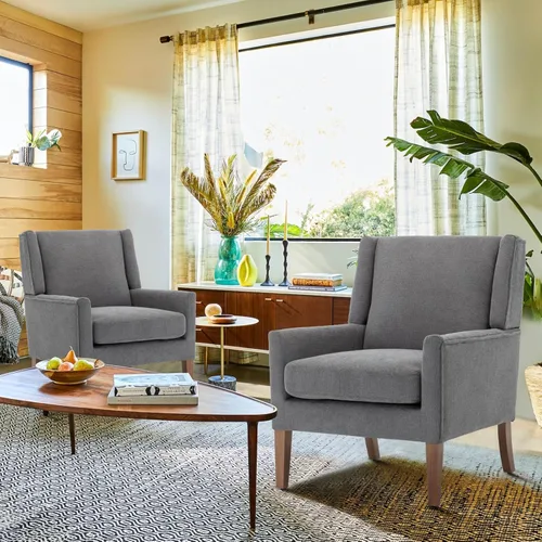 Miniatura 6 de COLAMY Silla moderna de ala para sala de estar, sillón acentuado tapizado en tela, sillón individual con asiento tipo sofá y patas de madera