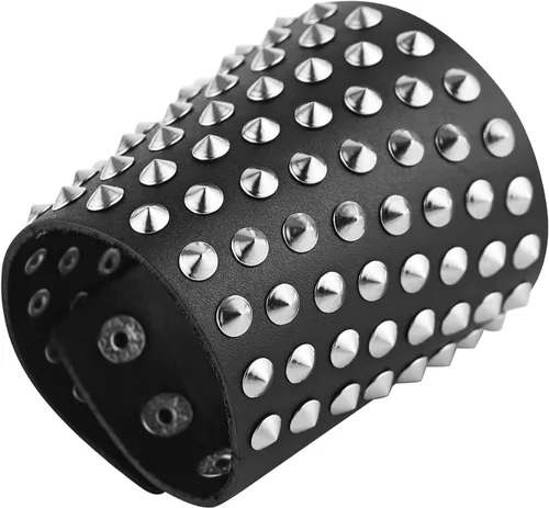 Miniatura 6 de STWTR Pulsera de cuero con correa ancha unisex con tachuelas de metal negro