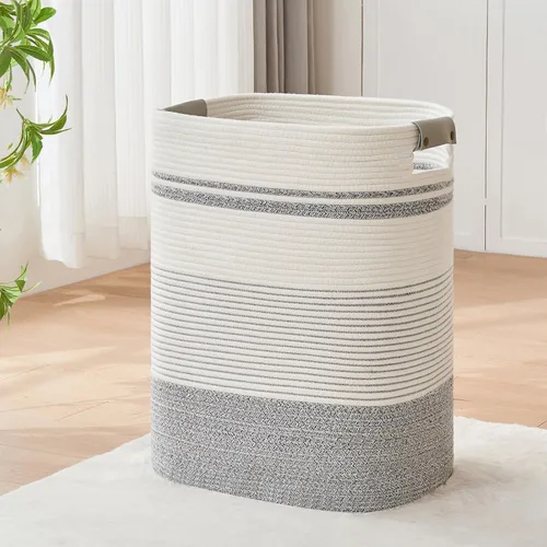 Miniatura 21 de AINUOQI Cesta de Ropa Sucia Grande Cesta de Lavandería con Asas de Cuero, Cesta de Almacenamiento Decorativa de Cuerda de Algodón Tejida para Yute