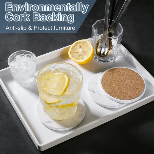 Miniatura 4 de Posavasos absorbentes para bebidas, juego de 6 posavasos de cerámica con soporte, posavasos duraderos para mesa de café con base de corcho