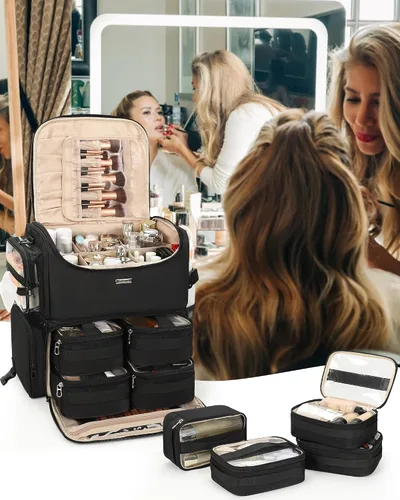 Miniatura 8 de Relavel Estuche de tren de maquillaje rodante, estuche de cosmetología sobre ruedas con 4 bolsas transparentes, bolsas profesionales para Negro