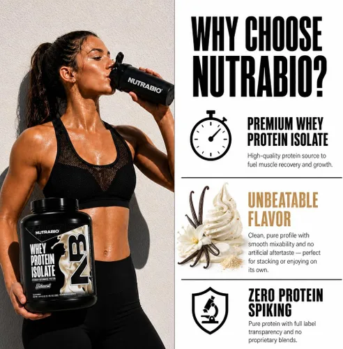 Miniatura 5 de NutraBio 100% Proteína de suero aislado en polvo, 25g de proteína con perfil completo de aminoácidos, sin transgénicos, libre de soja y gluten, baja