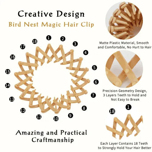 Miniatura 5 de TOBATOBA Bird Nest - Pinza mágica para el cabello, 5 unidades, plástico mate, horquilla expandible para cabello fino, soporte para cola de caballo