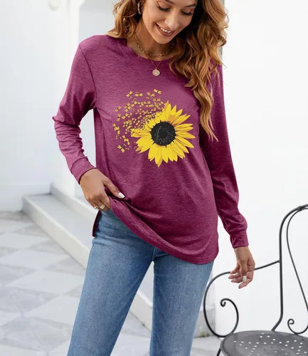 Miniatura 3 de Camiseta de otoño con estampado de girasol para mujer, diseño casual, holgada, manga larga, cuello redondo, túnica
