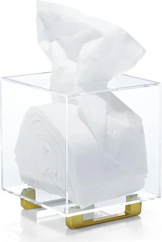 Miniatura 11 de YoBa Caja de pañuelos de acrílico negro grueso, dispensador cuadrado de caja de pañuelos con patas de aluminio chapado en oro para baño, cocina
