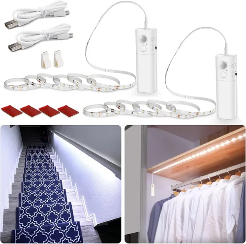 Miniatura 10 de WOBANE Tira de luz LED activada por doble movimiento, tira de luz recargable de 16.4 pies, luz de cinta alimentada por batería para debajo