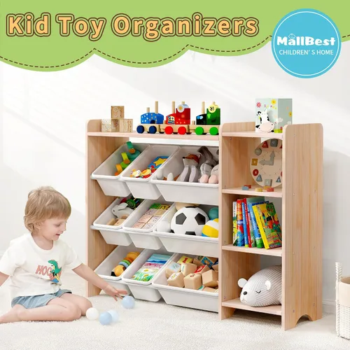 Miniatura 15 de MallBest Estante organizador de almacenamiento de juguetes para niños de 4 niveles, 100% madera maciza, armario de almacenamiento para niños con 9