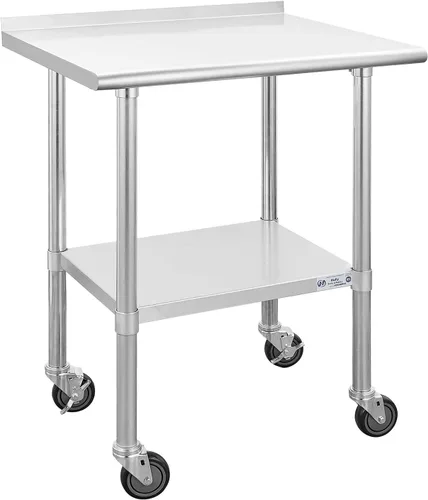 Miniatura 11 de Mesa de acero inoxidable para preparación y trabajo, con ruedas giratorias, mesa resistente, comercial NSF, con estante inferior y protector