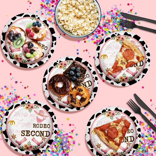 Miniatura 4 de 2º cumpleaños de Rodeo – 32 piezas desechables para fiestas – Decoraciones para niña Cowgirl Second Birthday – Platos de papel grandes de 9 pulgadas