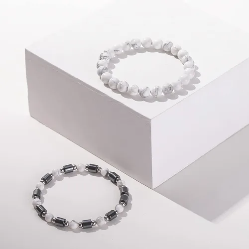 Miniatura 3 de Lynnaneo Juego de pulseras de cuentas para hombre de 0.315 in y 0.157 in de piedras preciosas curativas trenzadas con dije de circonita cúbica