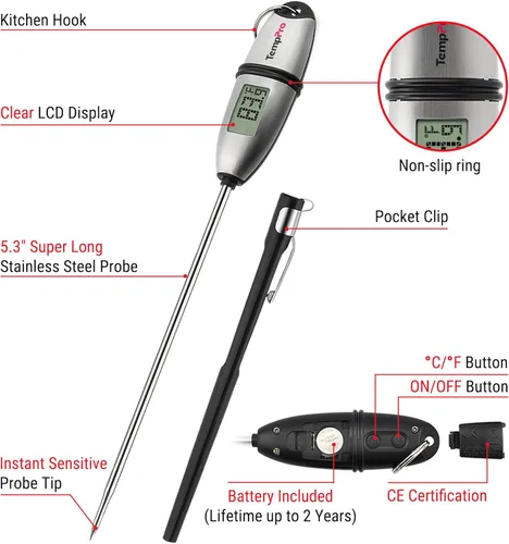 Miniatura 8 de ThermoPro TP02S - Termómetro digital de lectura instantánea para carne, con sonda súper larga para parrilla, cocina, masa madre, líquidos, aceite