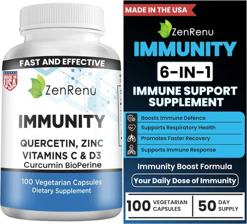 Quercetina Zinc Vitamina C Vitamina D – Vitaminas 6 en 1 para la inmunidad con curcumina para defensa inmunológica y apoyo antioxidante – Fácil de