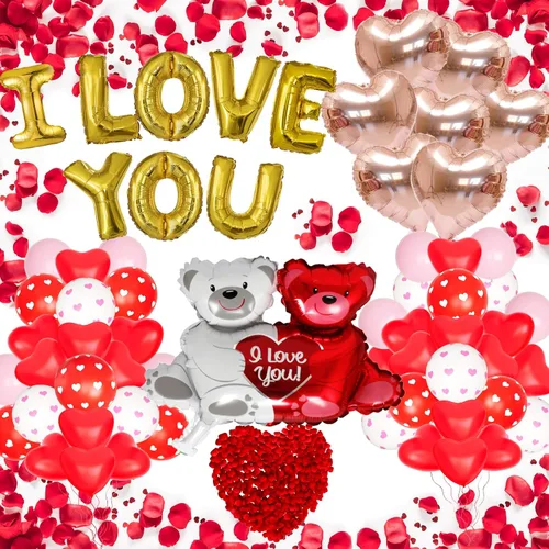 Miniatura 2 de Kit de globos de feliz aniversario y propuesta: globos románticos con texto en inglés "I Love You, Heart, Bear Balloons, 1000pcs Rose Petals