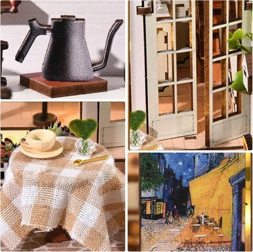 Miniatura 4 de Green House - Kit de rincón de libro - Rompecabezas de madera 3D en miniatura de jardín de café, decoración de estantería para adultos
