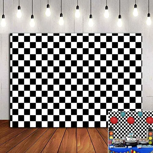 Fondo de fotografía con textura de carreras en blanco y negro, tablero de ajedrez, cabinas fotográficas, accesorios de estudio, bandera a cuadros