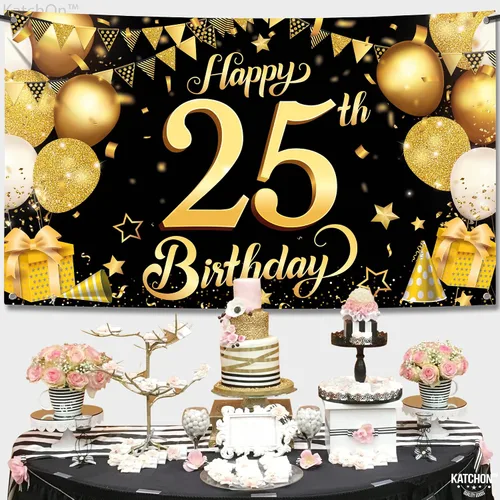 Miniatura 2 de KatchOn, XTRALARGE - Cartel de cumpleaños número 25 negro y dorado, de 72 x 44 pulgadas, reutilizable, resistente al agua, indecolorable