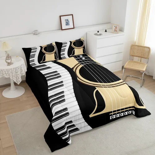 Miniatura 3 de Juego de ropa de cama de guitarra, tamaño individual para niños y niñas, juego de edredón con teclados de piano, temática musical, inserto