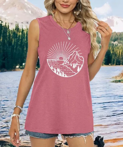 Miniatura 2 de Camiseta de senderismo para mujer, camiseta de montaña con estampado gráfico de naturaleza y amanecer, camiseta de verano de manga corta