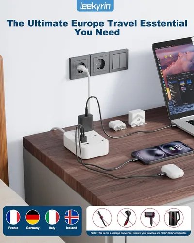 Miniatura 5 de Adaptador de enchufe de viaje europeo, regleta de corriente de EE. UU. a Reino Unido Europa para UE/RU/EE. UU. con USB C, 3 puertos USB 3 tomas