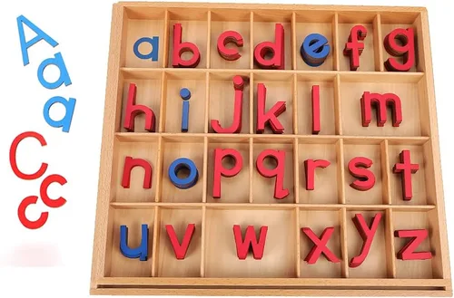 JE JOUE Montessori Letra Materiales de Aprendizaje de Madera Pequeños Objetos de Lenguaje del Alfabeto movibles con Caja (Rojo y Azul)