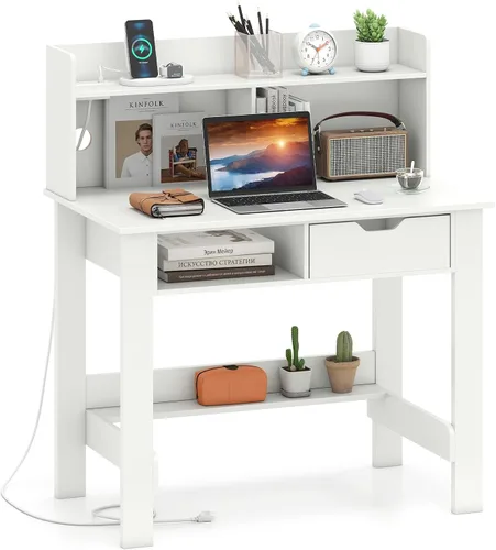 Giantex Escritorio blanco para computadora con gabinete, escritorio de oficina en casa con tomas de corriente, puertos USB, tipo C, estante y cajón