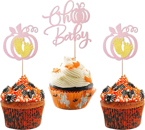 Miniatura 13 de Rsstarxi Paquete de 24 decoraciones de calabaza con purpurina para cupcakes de primer cumpleaños, decoración de pastel de calabaza para el primer