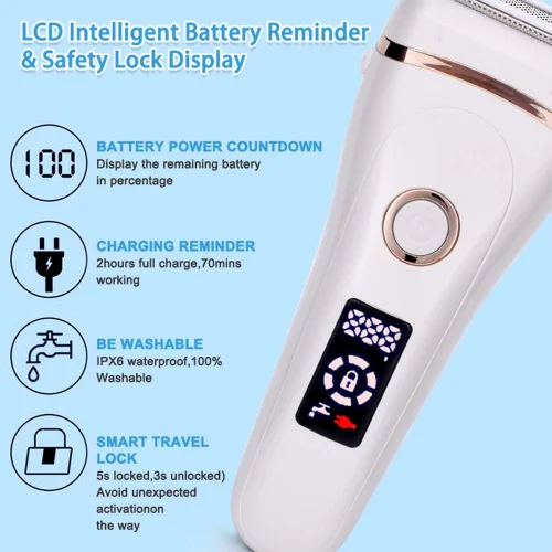 Miniatura 5 de Maquinilla de afeitar eléctrica para mujer, afeitadora eléctrica sin dolor recargable en húmedo y seco, con pantalla LED, para piernas y axilas